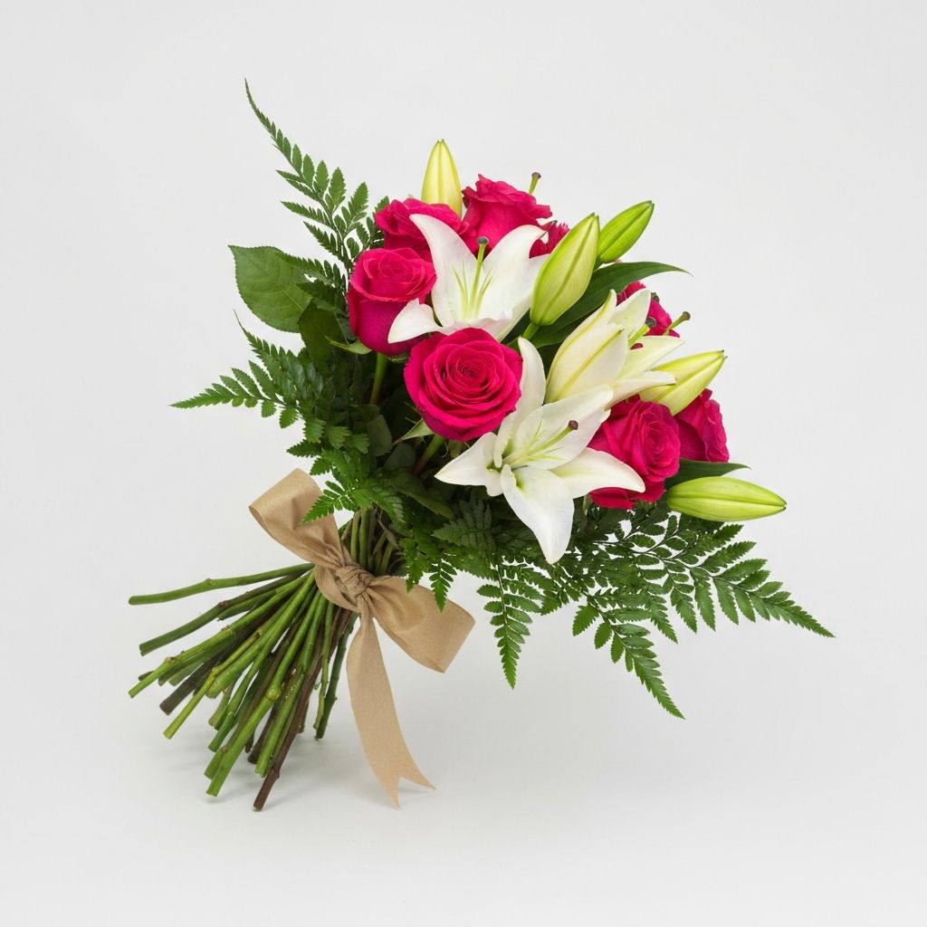 A fresh hand-tied flower bouquet with roses and lilies