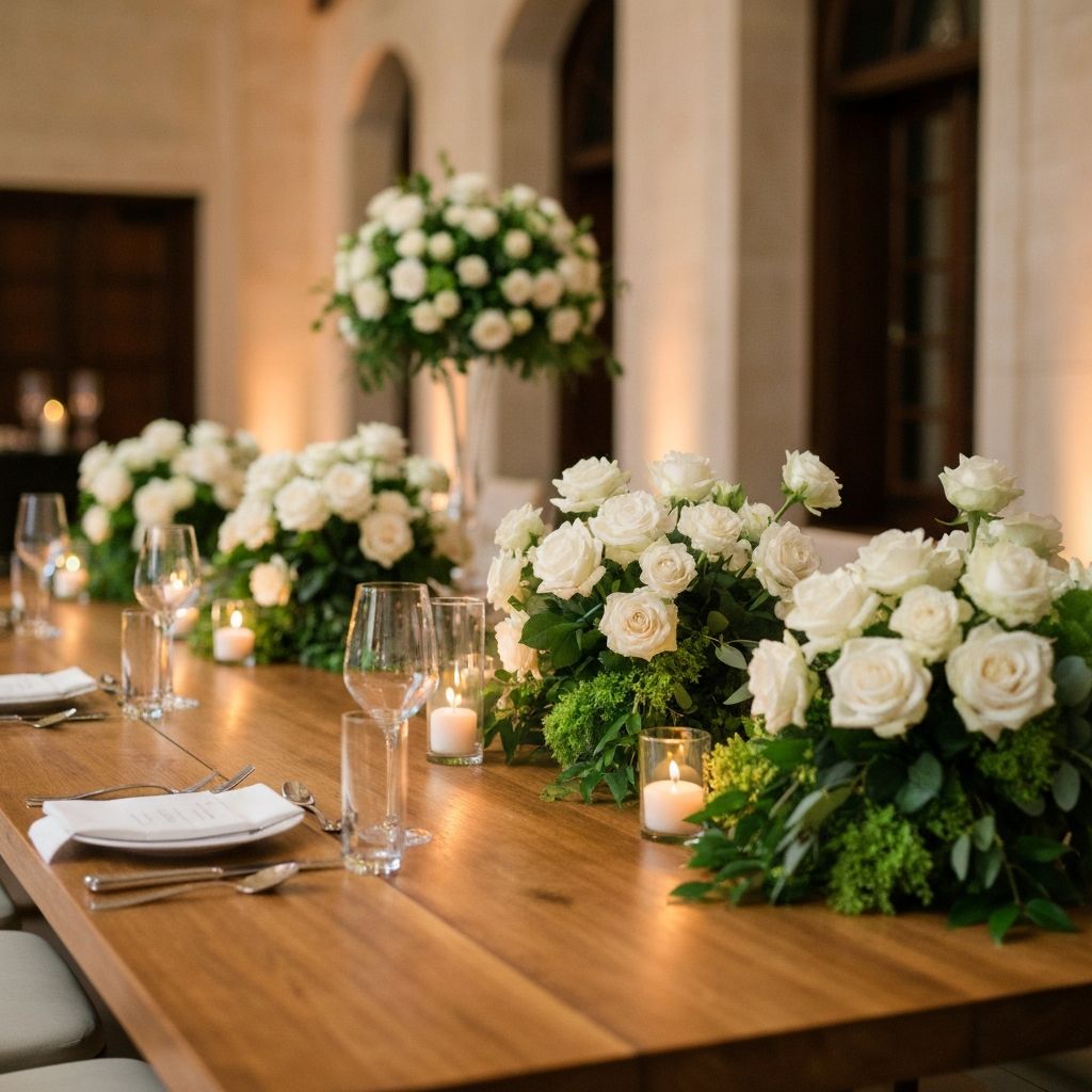 Elegant custom floral arrangements decorating a special event venue table