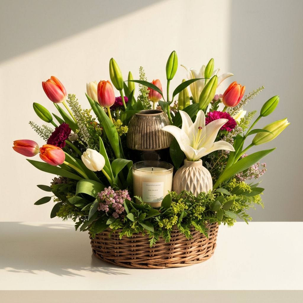 A beautifully arranged gift basket with fresh flowers and home décor items